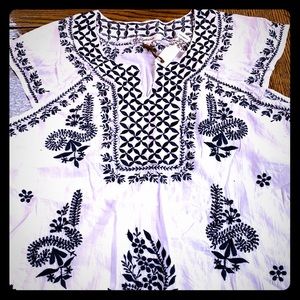 White and navy embroidered cover-up, dress, top L